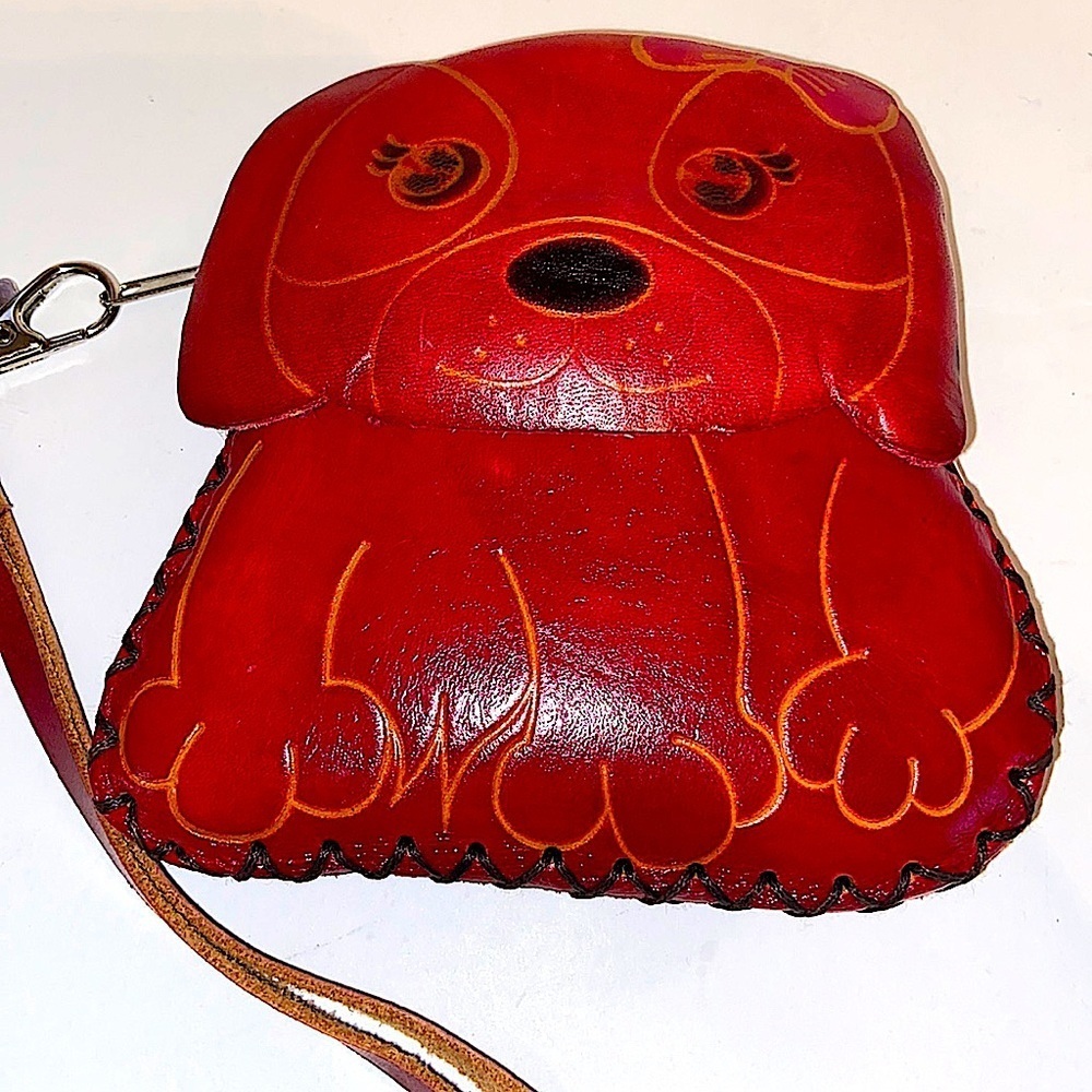Genuine Leather Handmade Artisan Red Animal Puppy Carrying Pouch Wristlet.